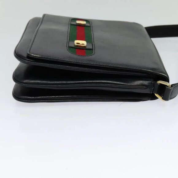 GUCCI Web Sherry Line Shoulder Bag Leather Black Gold - Picture 4 of 14